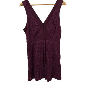 Free‎ People Dress Burgundy Purple M Floral Lace Overlay Deep V Neck Bohemian